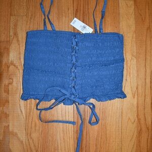 Blue Smocked Crop Top with Lace-Up Detail